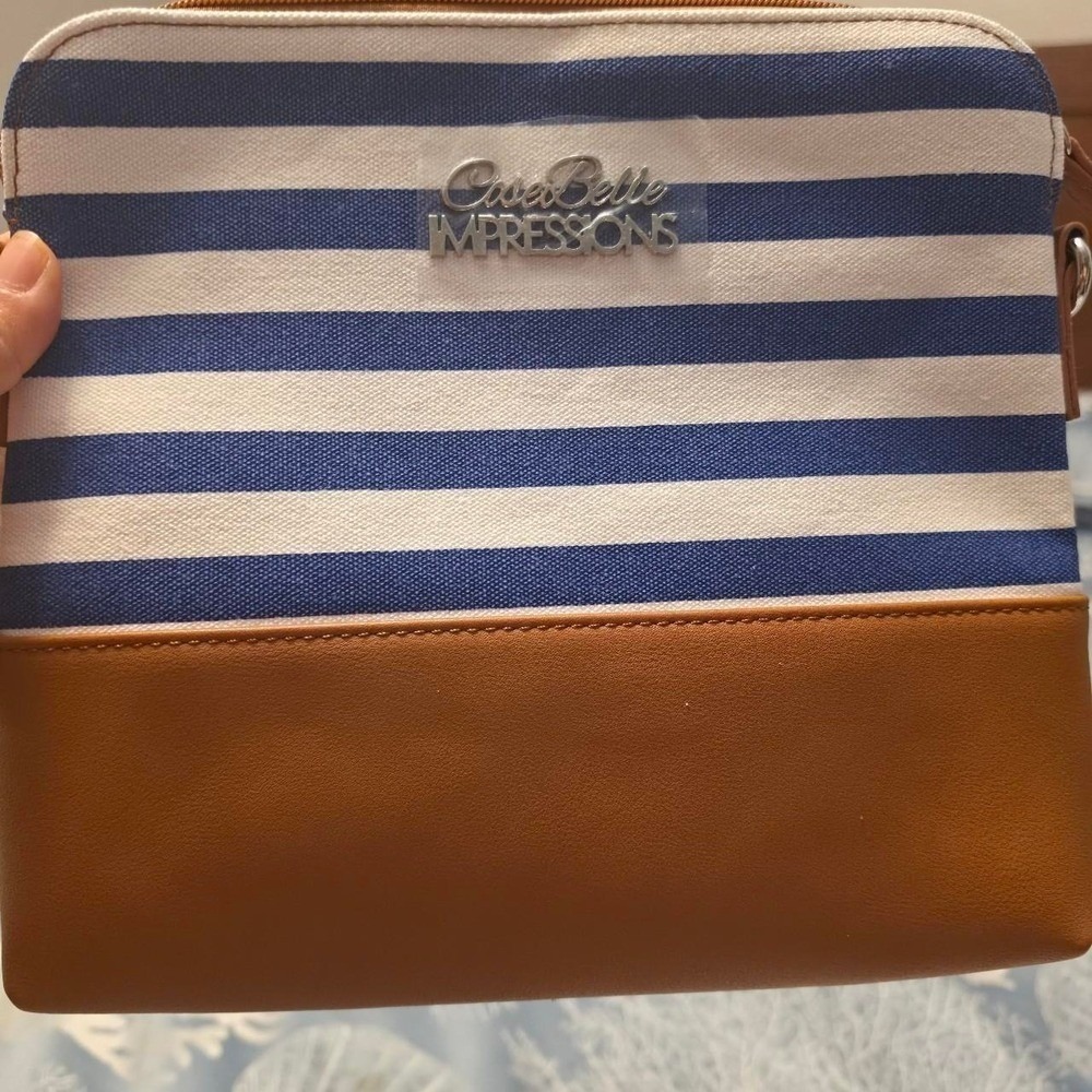 CoseBelle Impressions Blue White Striped Canvas Crossbody Bag Tan Vegan Leather - Picture 2 of 11